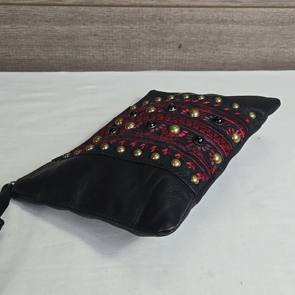 Lucky Brand Black and Red Embroidered Leather Clutch with Tassel